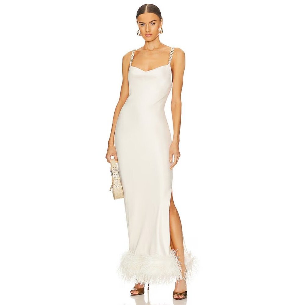 Bubish Farah Feather Trim Slip Dress in White